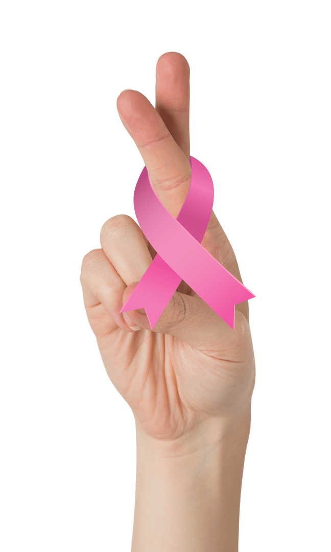 Crossed Fingers with Pink Ribbon on Transparent Background