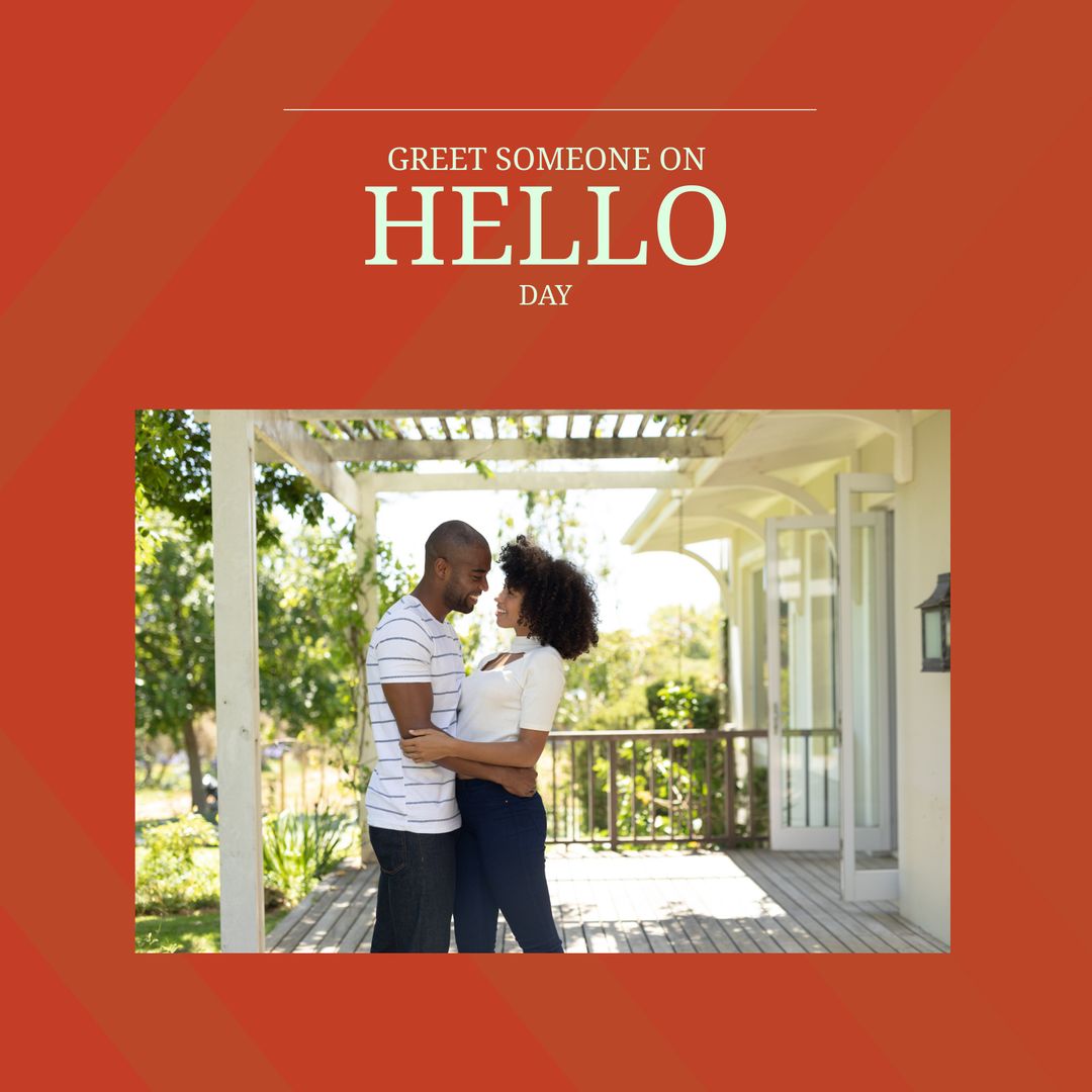 Couple Embracing Outdoors on Hello Day Greeting