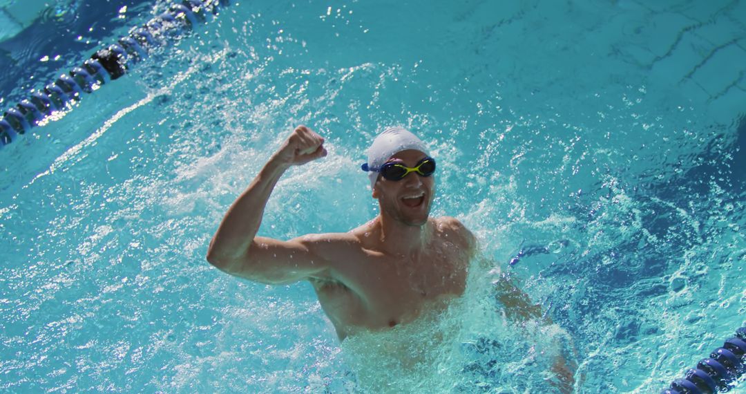 Triumphant Male Swimmer Celebrating Victory in Pool - Free Images, Stock Photos and Pictures on Pikwizard.com