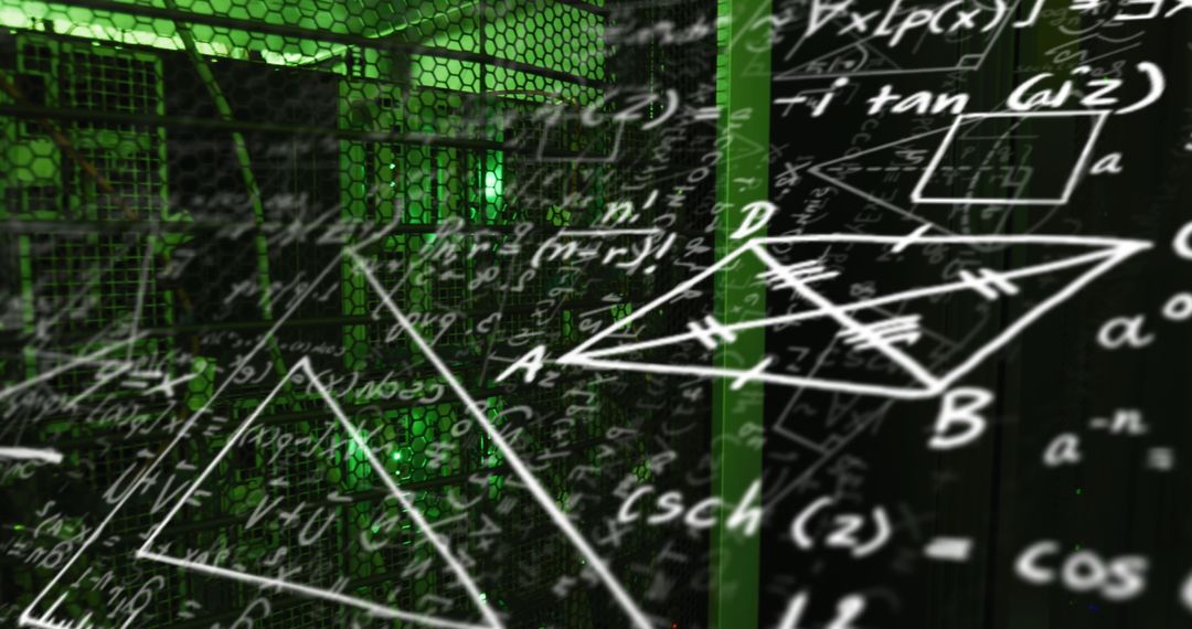 Mathematical Equations Overlay with Data Processing Servers in Background
