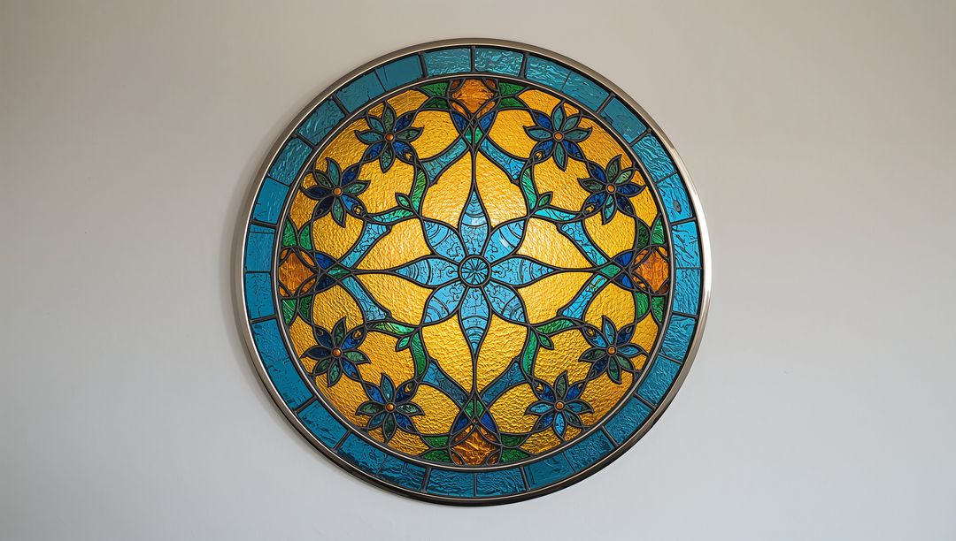Round Stained Glass Panel with Blue and Amber Motifs
