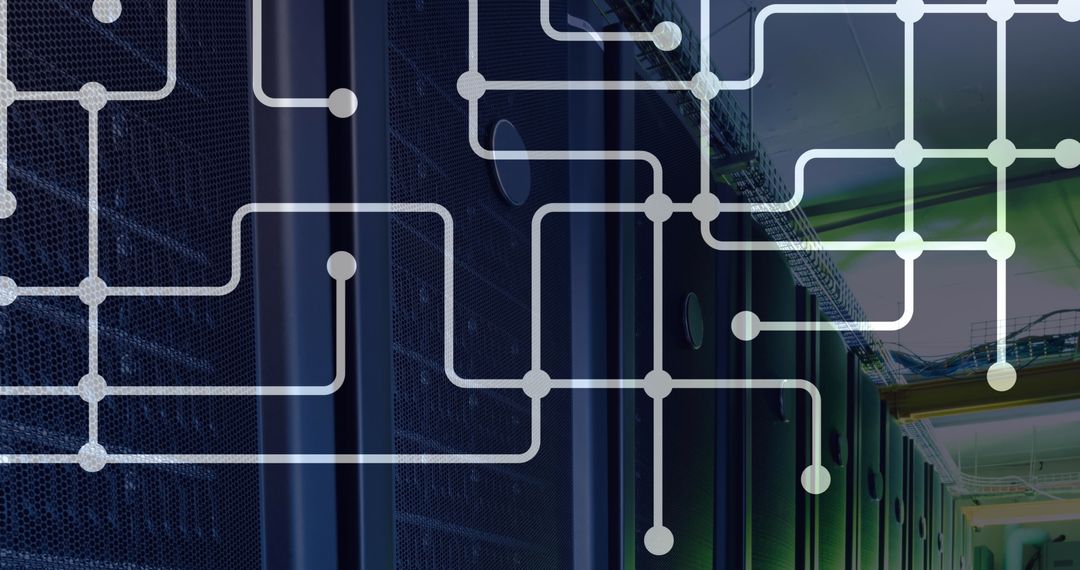 Digital Circuitry Overlaying Server Room Reflecting Advanced Technology