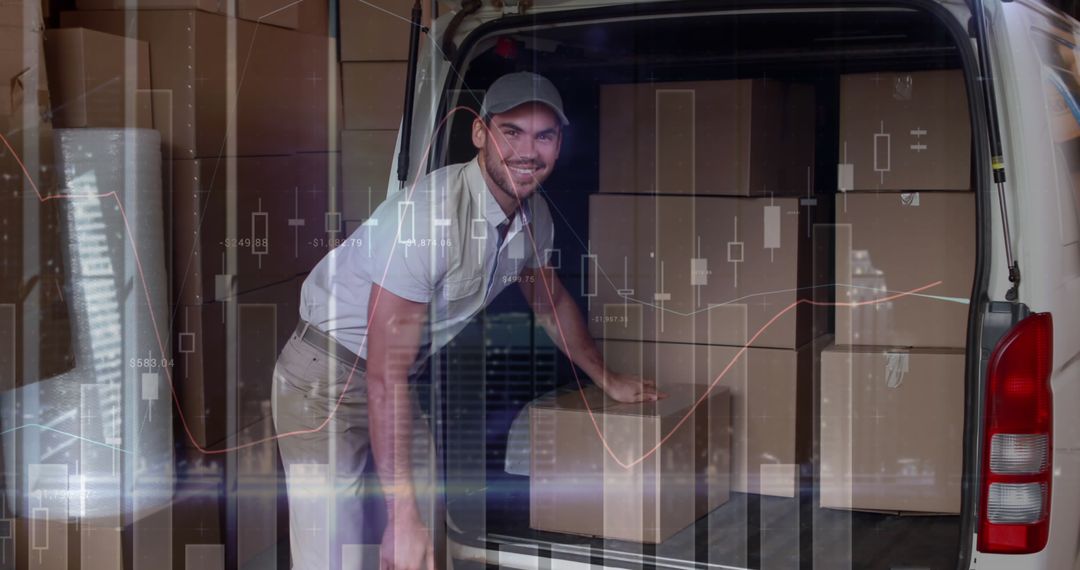 Delivery Man Preparing Van with Analytics Overlay