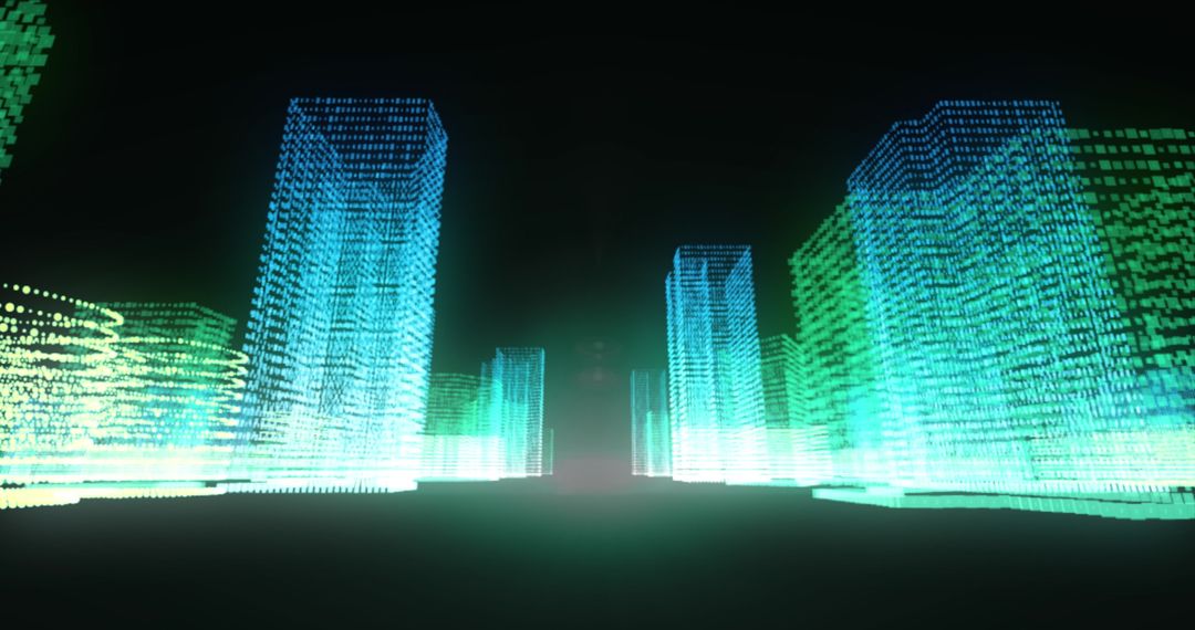 Futuristic Digital Cityscape with Neon Glowing Skyscrapers