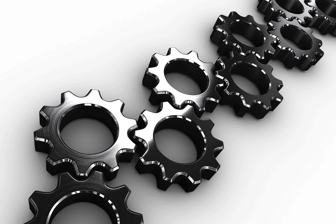 Aligning Metallic Cogs on Transparent Black Background