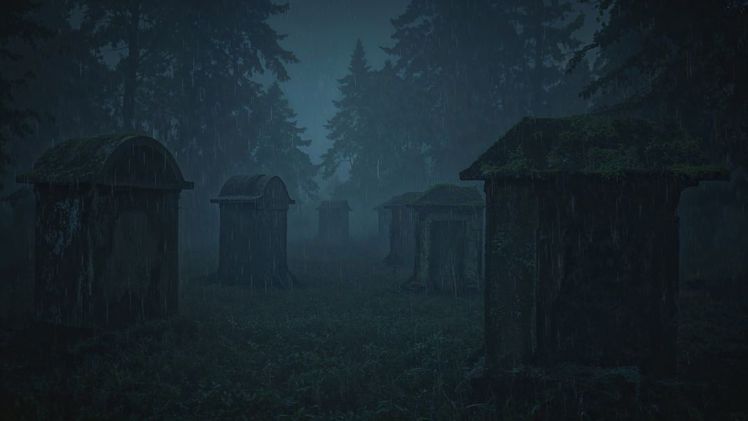 Moss-Covered Mausoleum Amidst Misty Forest in Rain