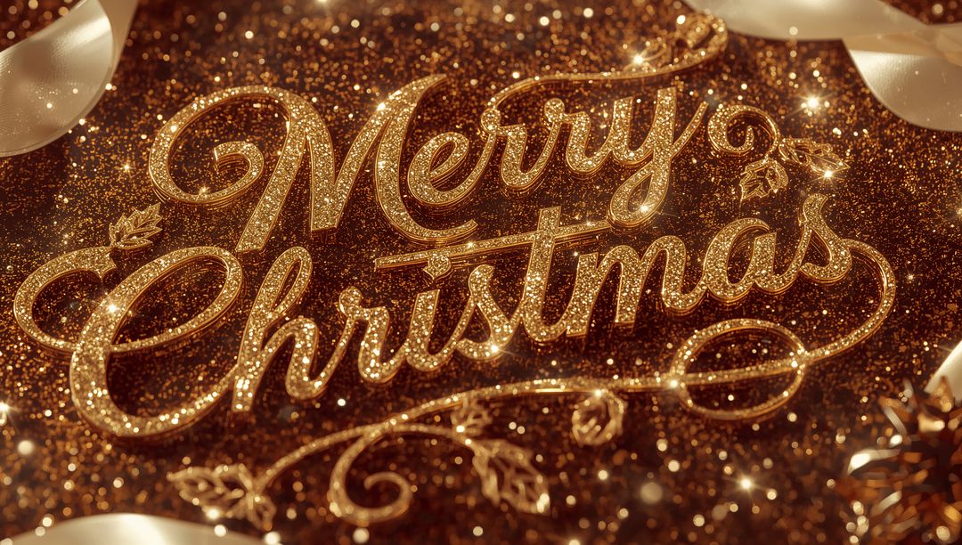 Shimmering Gold Merry Christmas Lettering with Festive Glitter, Sparkle and Bokeh