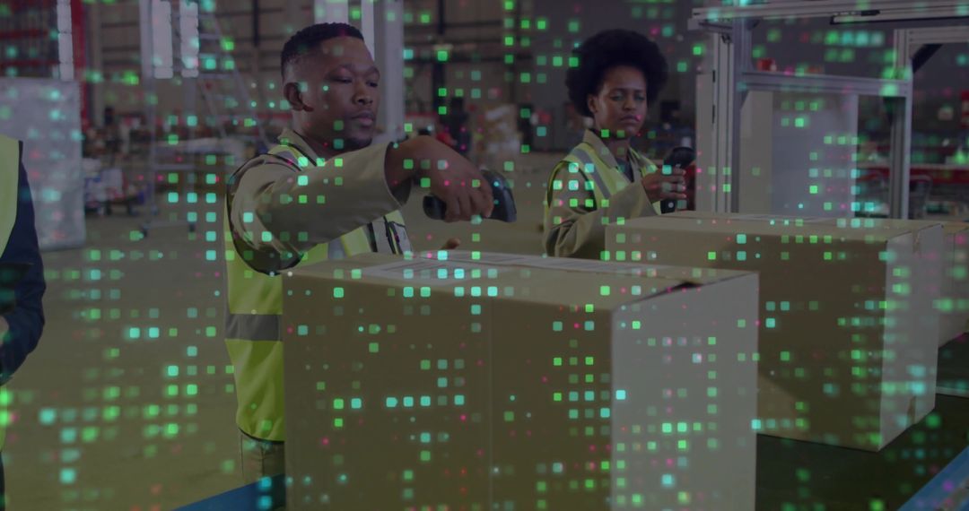 Workers Scanning Boxes in Modern Automated Warehouse