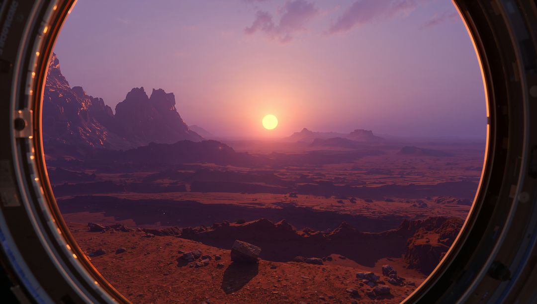 Viewing alien sunset through spacecraft porthole over Mars-like red desert panorama