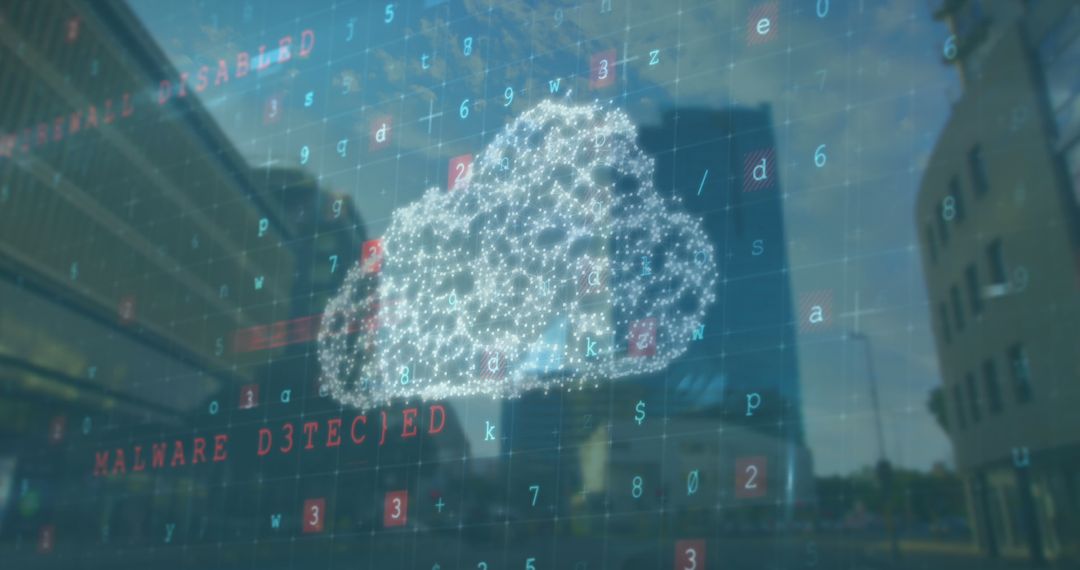 Digital Cloud Overlaid with Data Streams on Cityscape