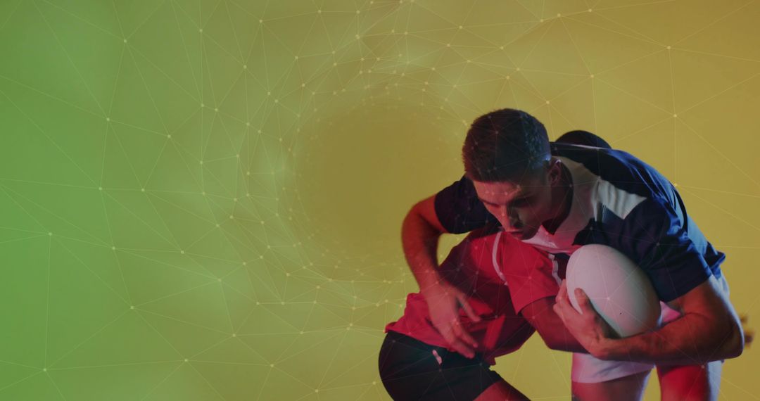 Dynamic Rugby Players Engaging in Action-Packed Tackle with Ball