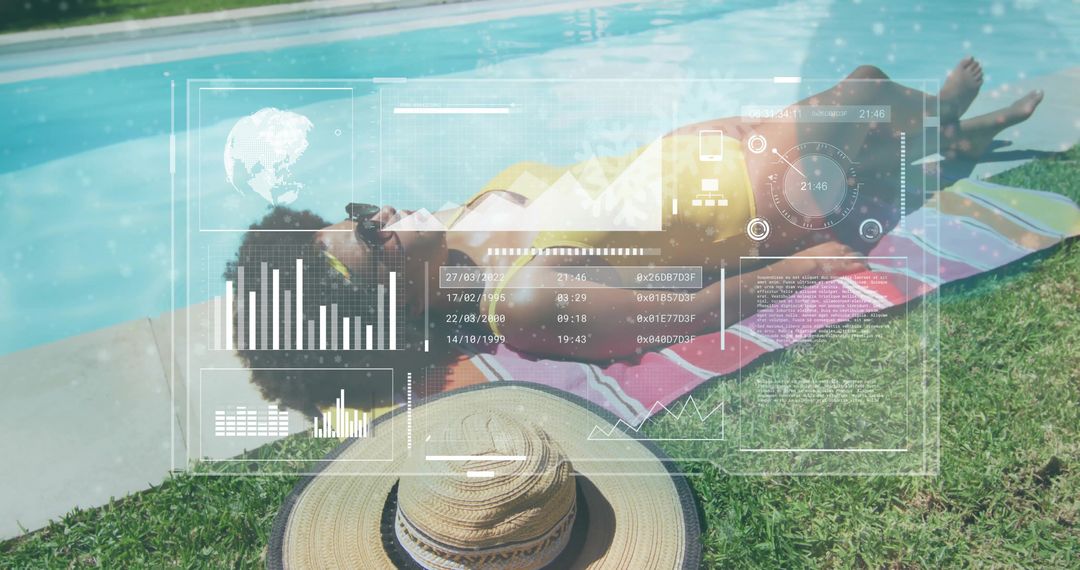 Reclining woman sunbathing poolside in yellow bikini with straw hat and HUD overlay