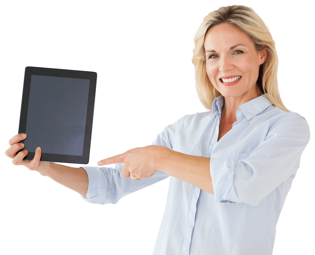 Caucasian Businesswoman Pointing at Tablet on Transparent Background