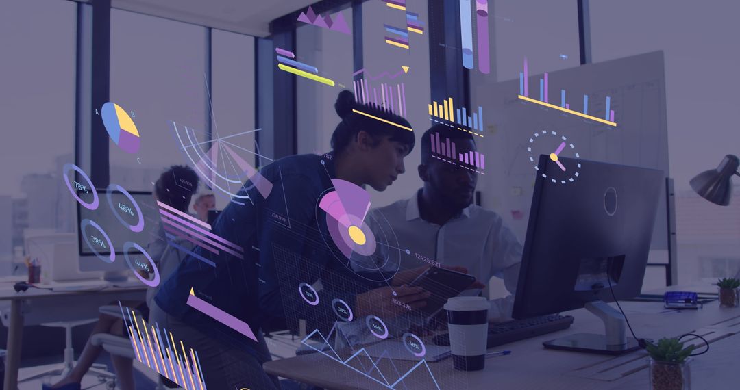 Innovative Team Collaborating with Digital Financial Analytics Overlays