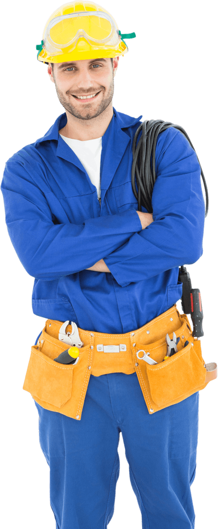 Smiling Repairman in Blue Uniform on Transparent Background