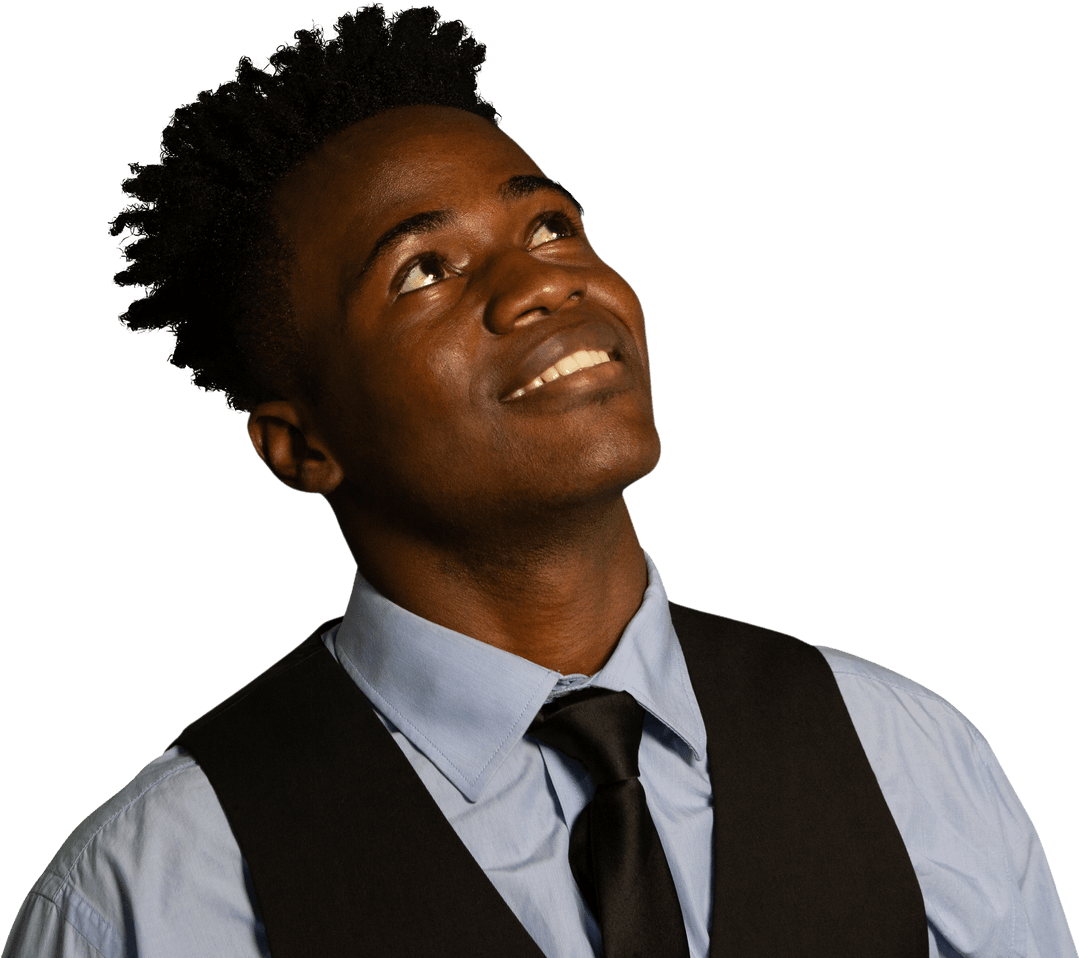 Transparent Young Man in Formal Vest Looking Up Smiling