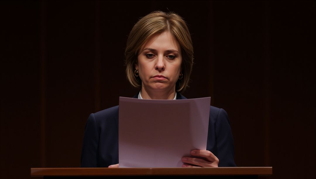 Female Speaker Reading Speech at Podium Under Spotlight in Formal Business Attire