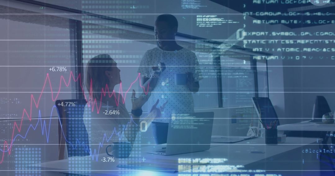 Financial Data Visualization Overlaying Office Discussion