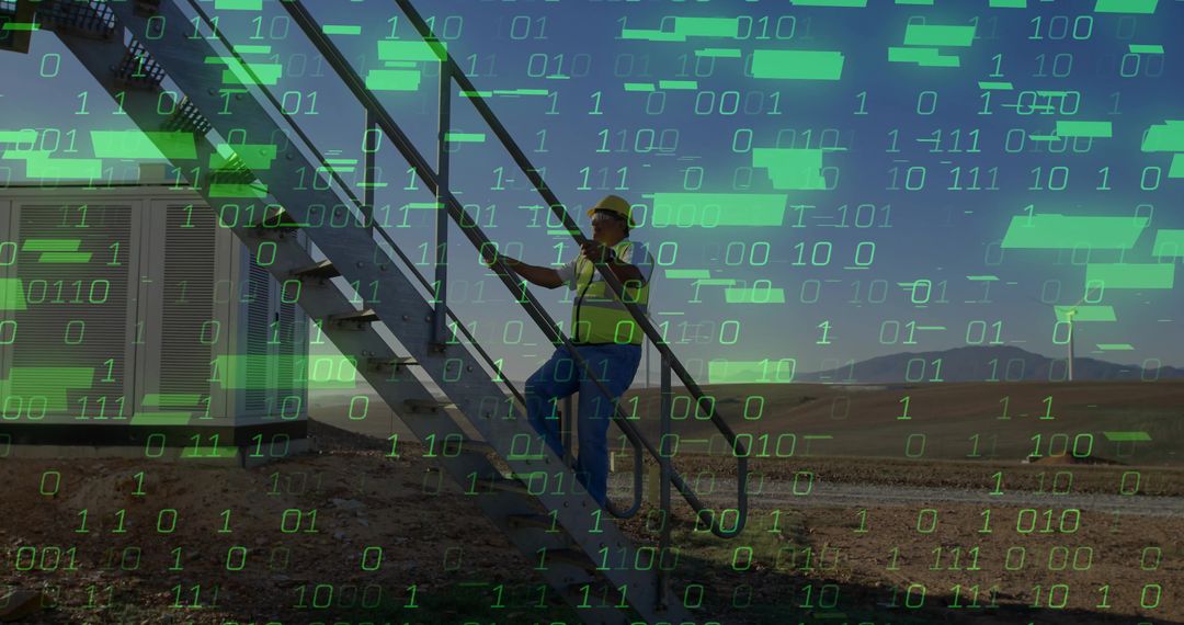 Engineer Climbing Stairs at Construction Site with Digital Overlay