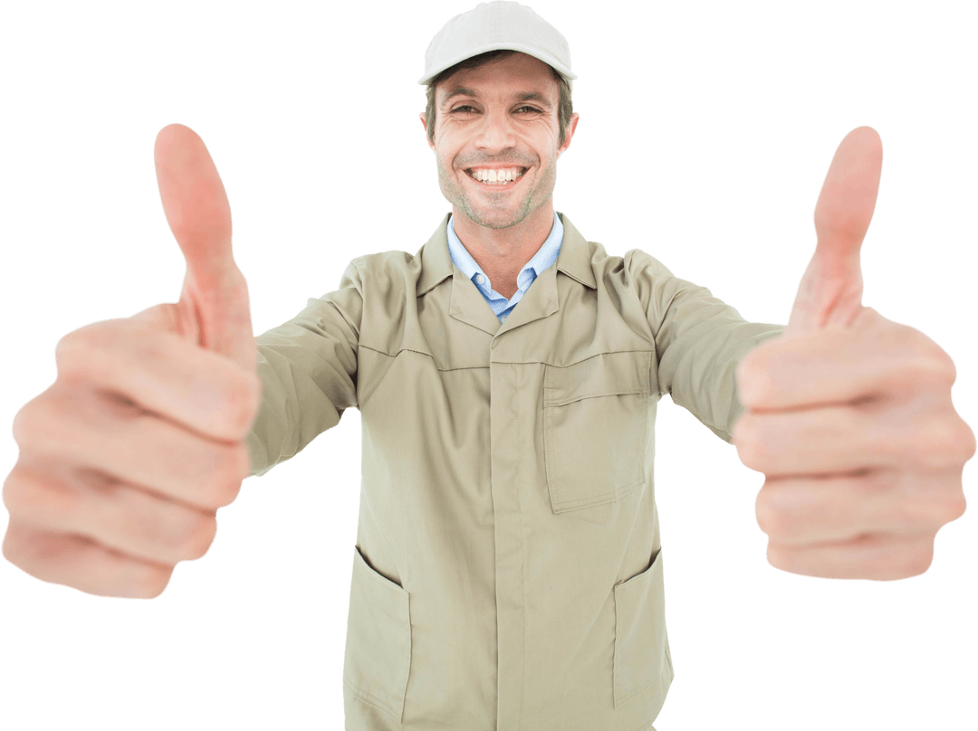 Smiling Delivery Man Giving Transparent Thumbs Up Gesture