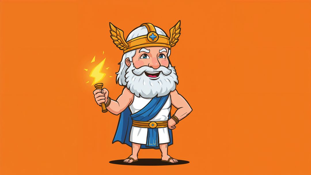 Mythic God Holding Lightning Bolt on Orange Background