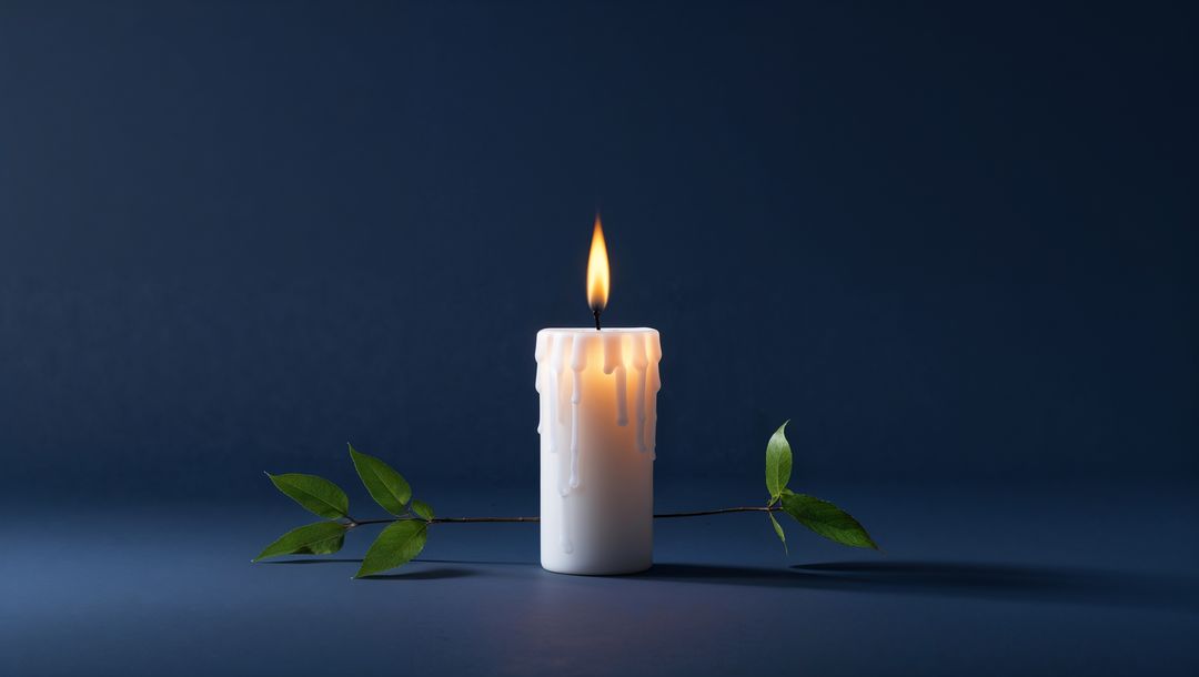 Glowing White Pillar Candle with Green Branch on Blue Background