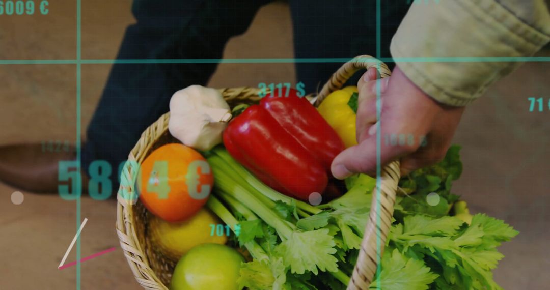 Hand Carrying Basket of Fresh Vegetables with Data Overlay