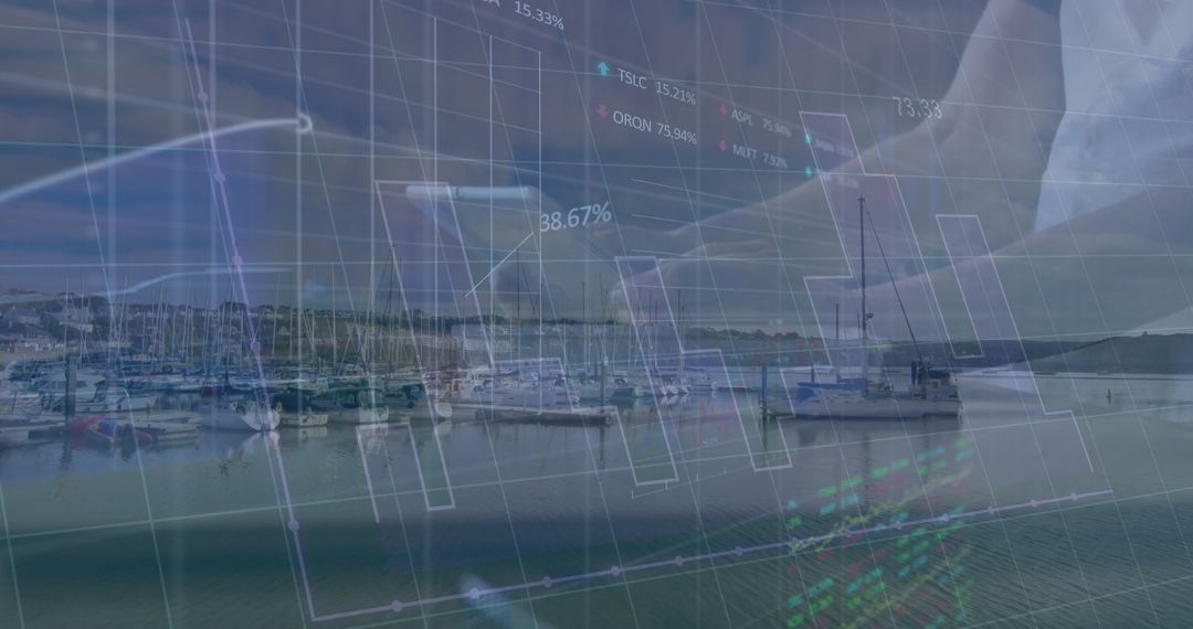 Peaceful Marina with Overlay of Financial Graphs and Analytics