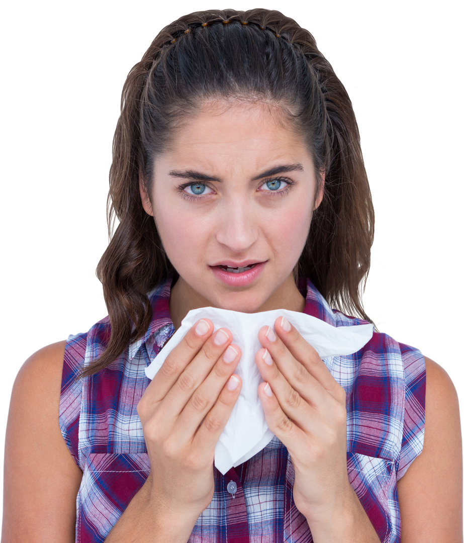 Transparent Portrait of Woman Sneezing into Tissue, Expressing Discomfort - Download Free Stock Images Pikwizard.com