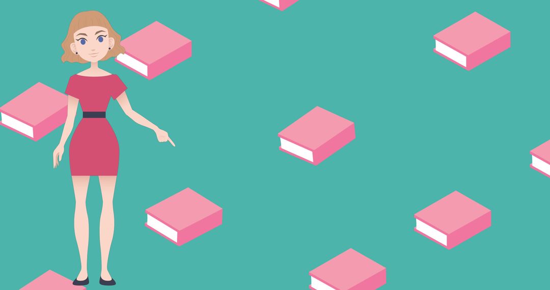 Animated Woman Presenting with Floating Books on Green Background