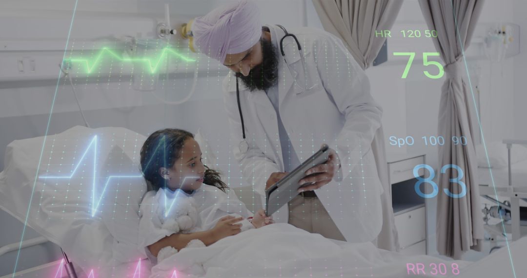 Doctor Checking on Young Patient with Health Data Overlay