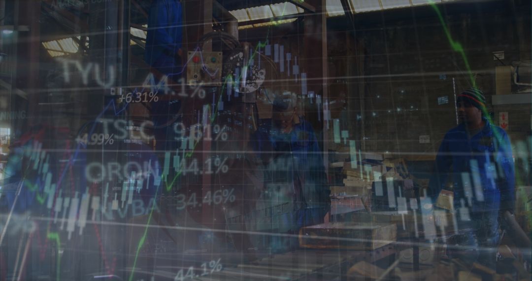 Financial Data Overlay on Factory Scene Symbolizing Global Trade