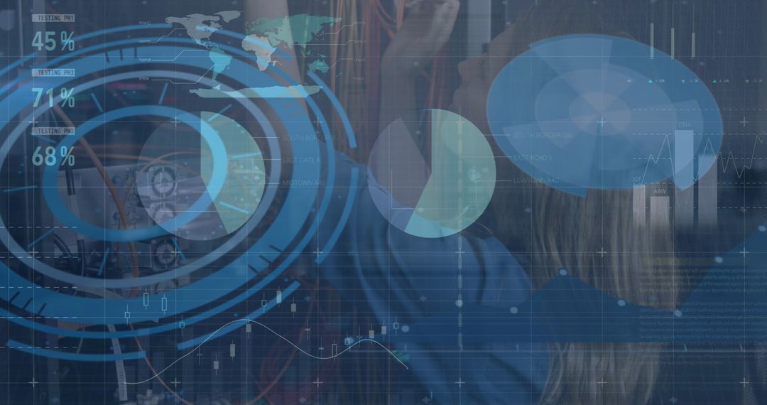 Female IT Technician Managing Network Cables with Digital Interface Overlay