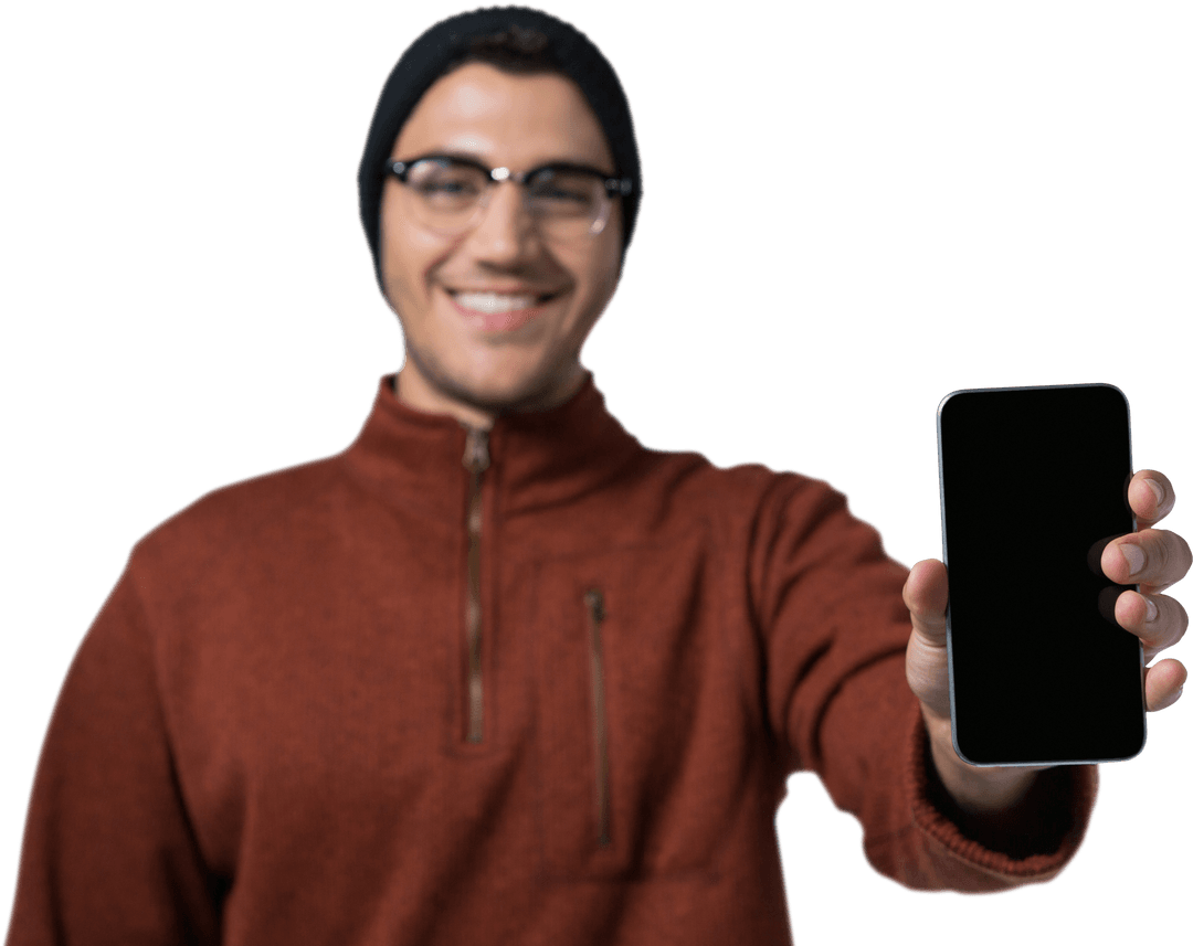 Smiling Young Man Holding Mobile Phone with Transparent Screen