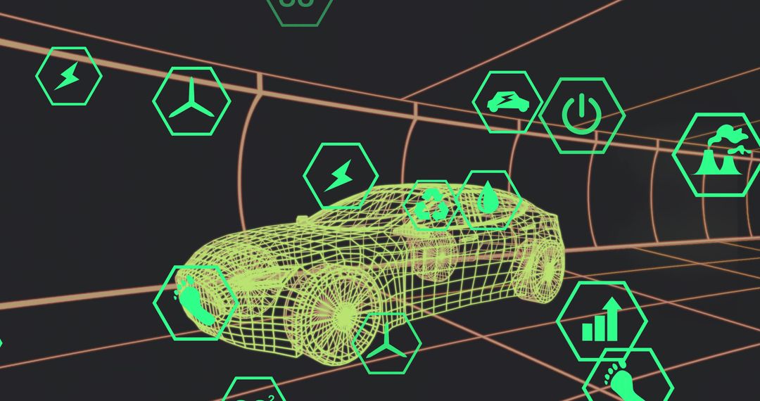 Futuristic Wireframe Car with Digital Interface in 3D Tunnel