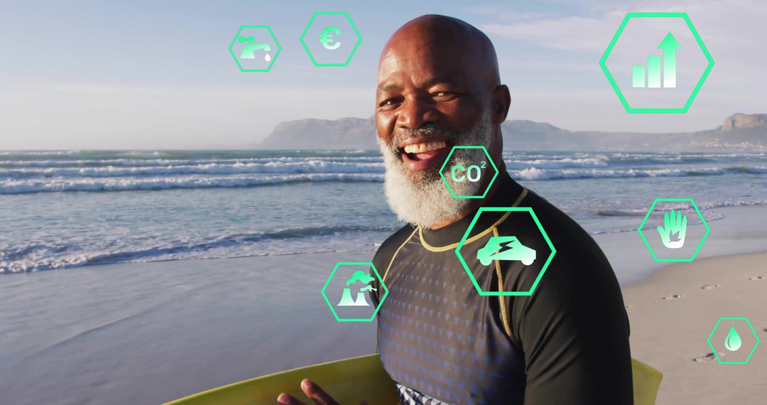 Smiling Senior Surfer with Green Data Icons, Eco-Friendly Hydration Theme