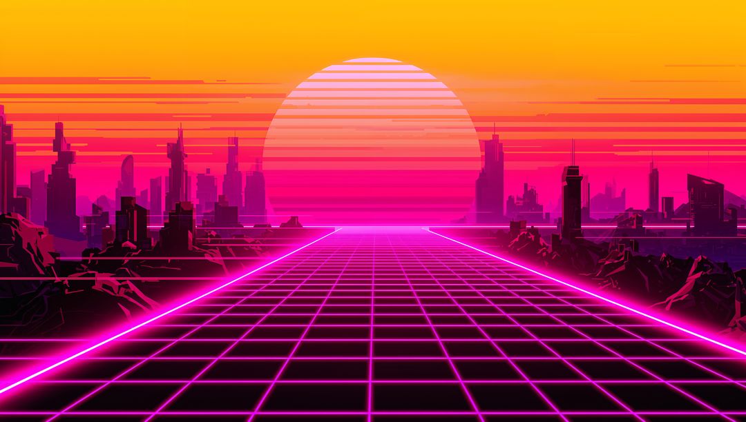 Neon grid highway leading toward glowing banded sun over futuristic cyberpunk skyline
