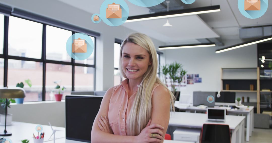 Smiling Professional with Virtual Messaging Icons in Modern Office