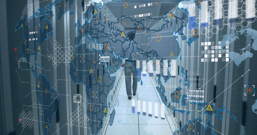 Engineer Overseeing Global Data Processing in Server Room