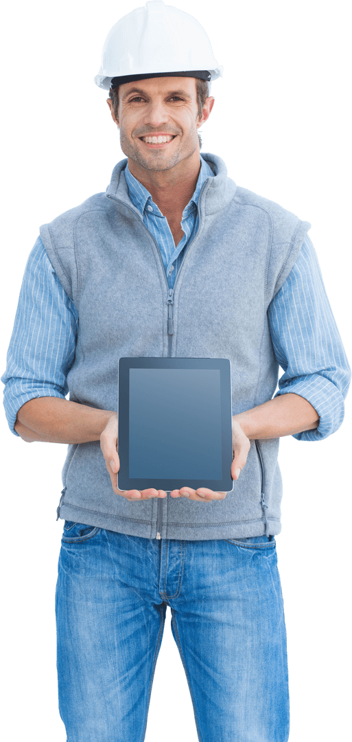 Smiling Architect Presenting Digital Tablet with Transparent Background