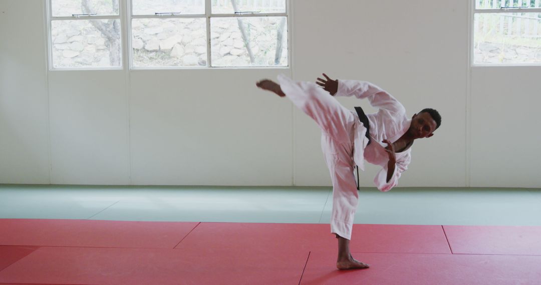 Karate Practitioner Doing High Kick in Martial Arts Studio - Free Images, Stock Photos and Pictures on Pikwizard.com