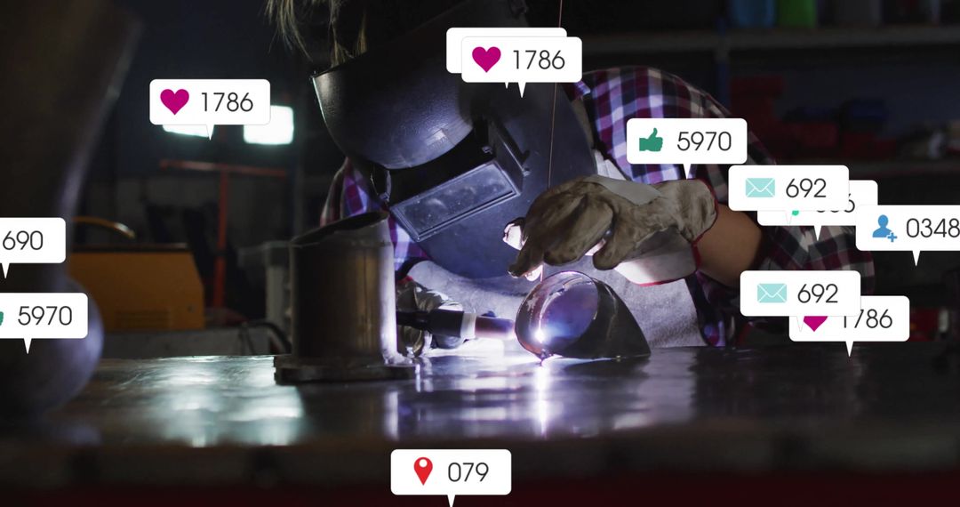 Welding Worker Engaged with Social Media Icons Emphasizing Global Reach