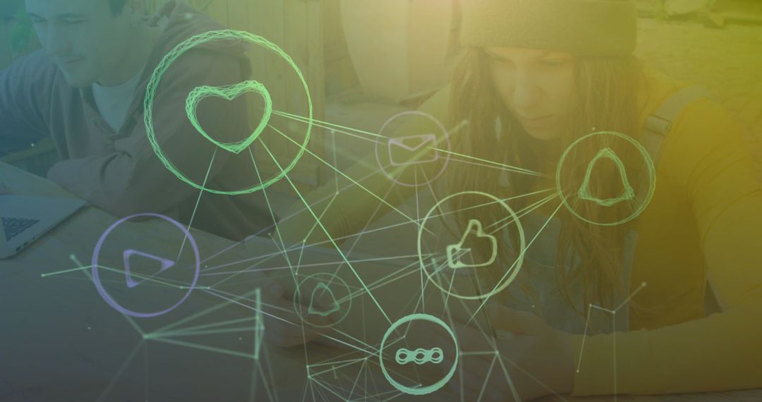 Digital Technology Icons We've Network and Woman's Tablet Usage