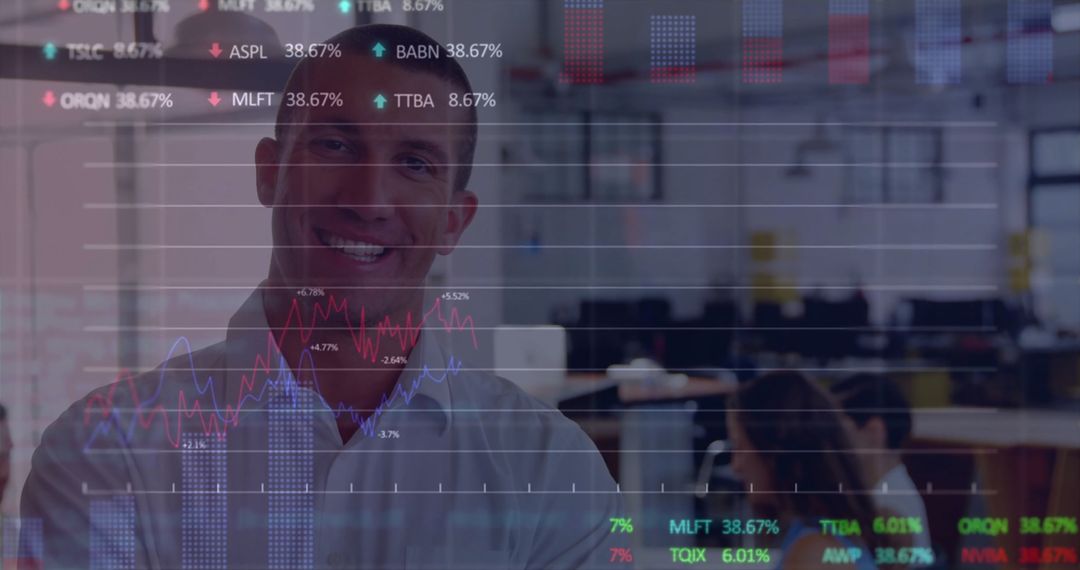 Caucasian Businessman Overlays with Financial Data Illustrating Global Finance Inside Office