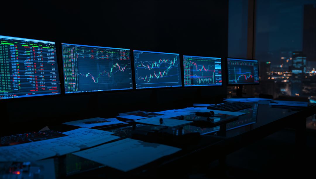Modern Trading Desk with Stock Charts on Multiple Monitors