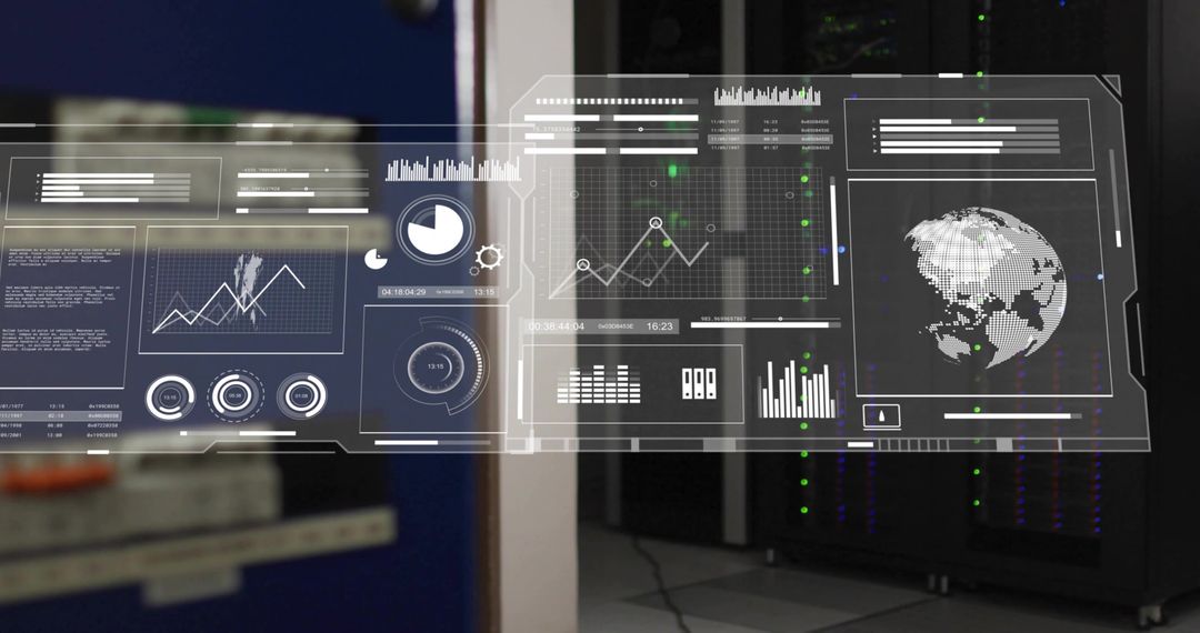 Holographic Data Dashboard Projecting Over Server Rack in Futuristic Data Center View