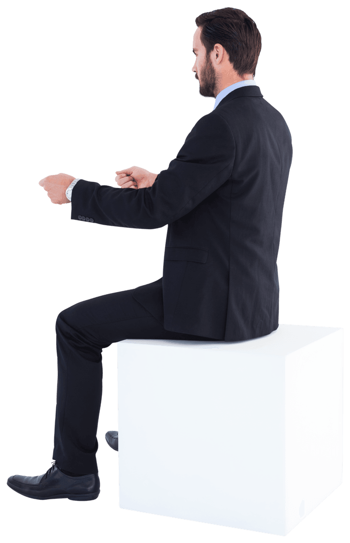 Businessman in Suit Sitting on Transparent Cube Gesture Guidance