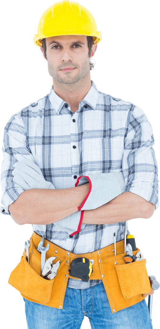 Confident Technician with Transparent Background Holding Toolkit