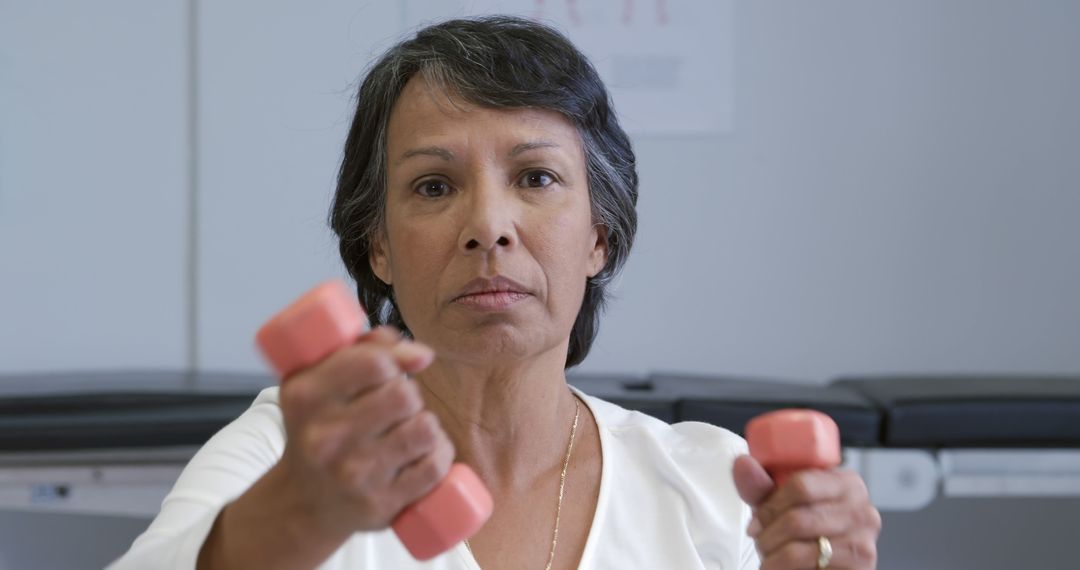 Senior woman exercising with dumbbells in health clinic - Free Images, Stock Photos and Pictures on Pikwizard.com