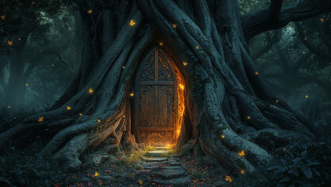 Enchanted Forest Door Glowing at Dusk Amidst Twisting Roots